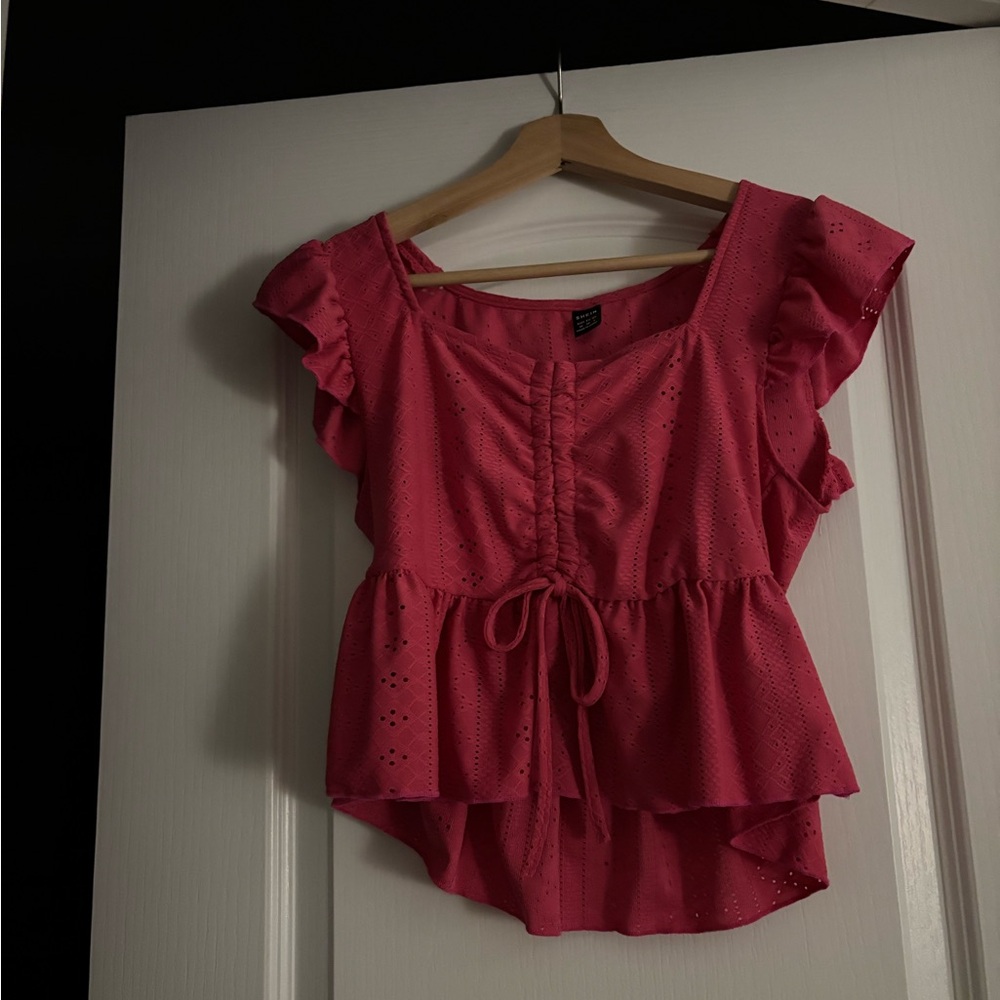 SHEIN Pink Eyelet Ruffle Blouse